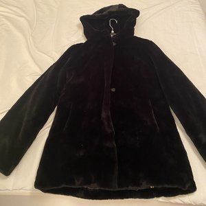 Dennis Basso Zip Front Faux Fur Coat with Hood and Waist Detail